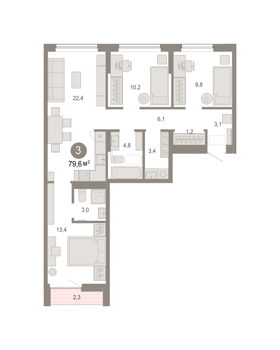Планировка: 4-комнатная евро 79.6 м² в ЖК Октябрьский на Туре, ДОК