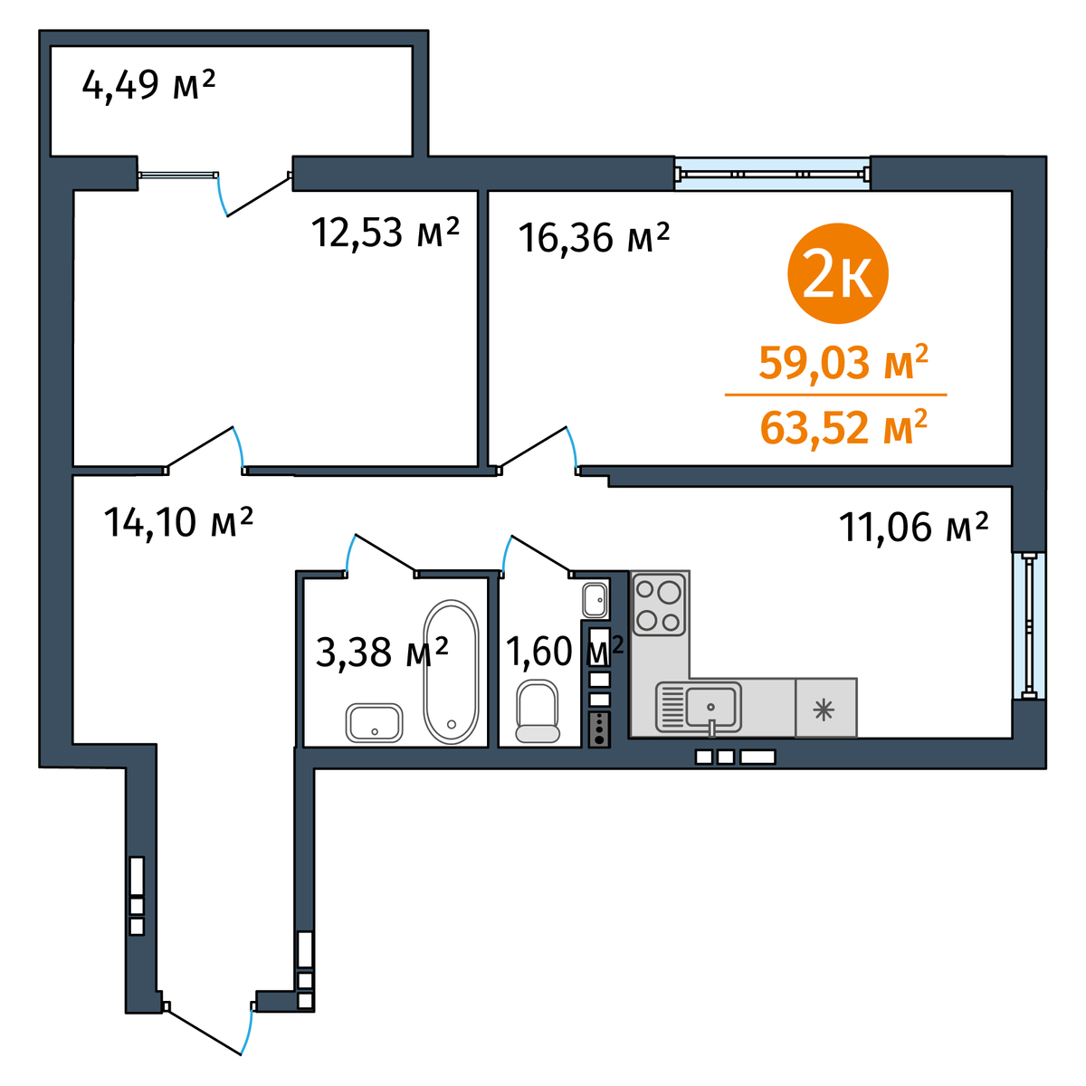 Планировка: 2-комнатная 59 м² в ЖК Salut, Заречный