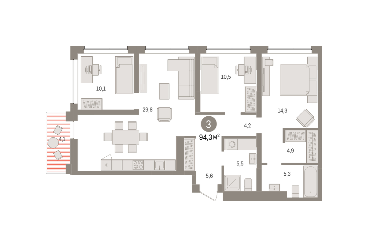 Планировка: 4-комнатная евро 94.3 м² в ЖК Дом у озера, Европейский