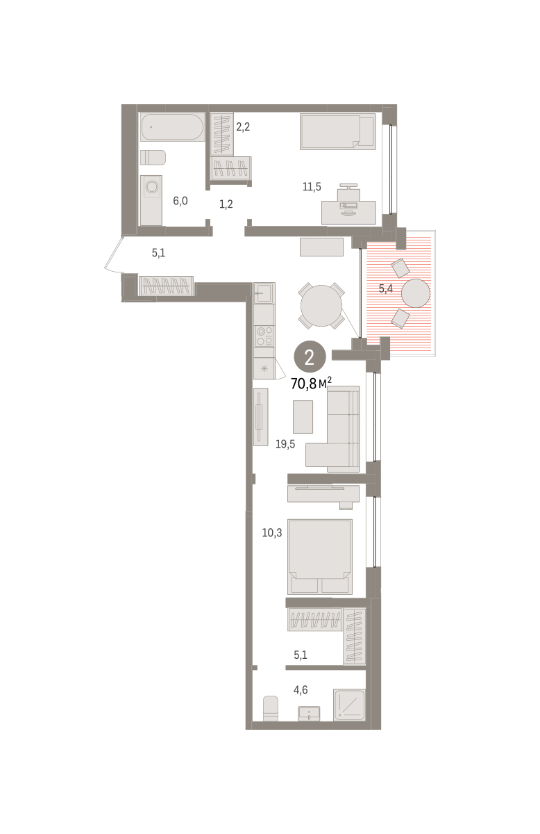 Планировка: Евротрешка 70.8 м² в ЖК Дом у озера, Европейский