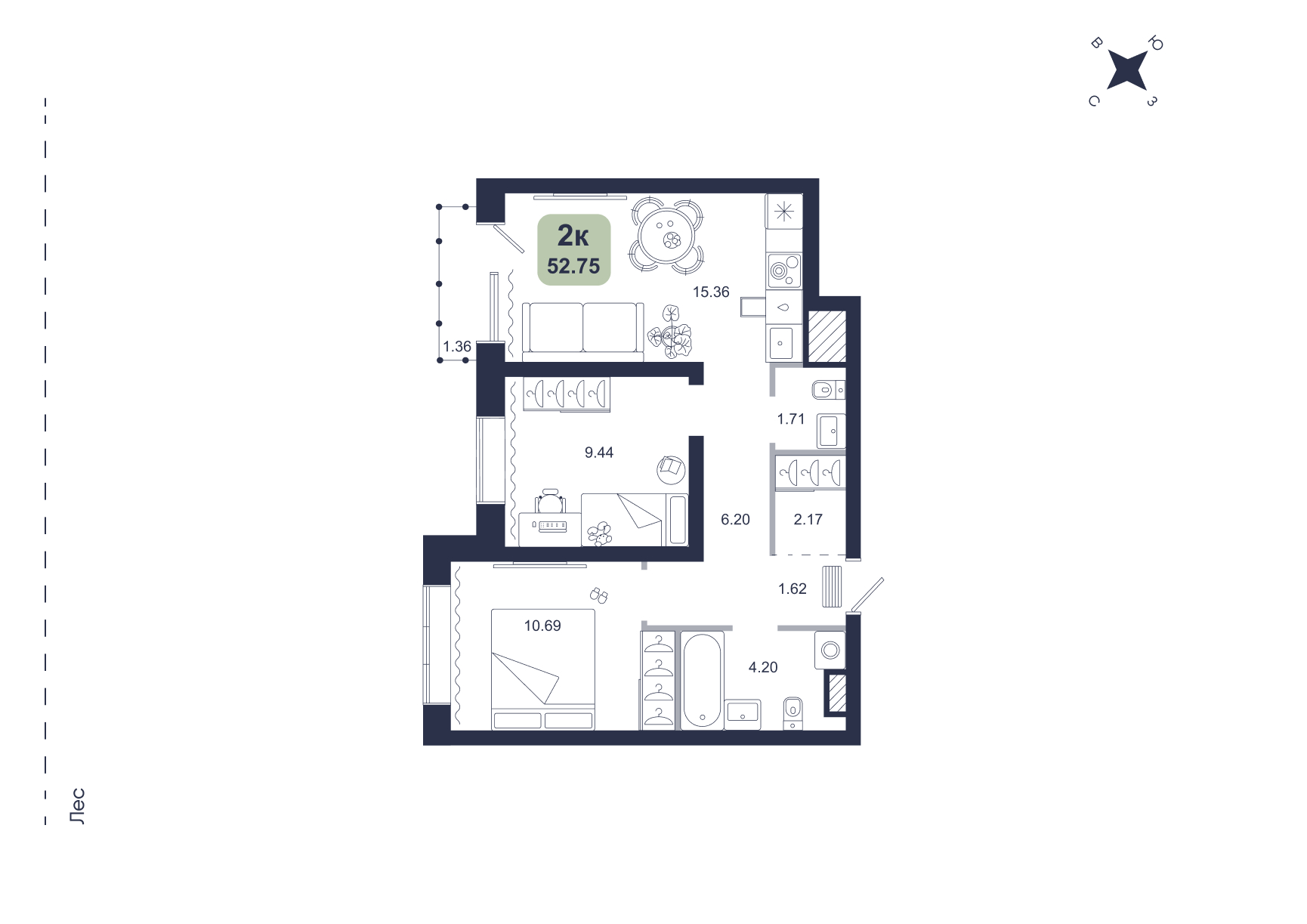 Планировка: Формат уточняется 52.8 м² в ЖК Хито, От Слободы до Комарово парк