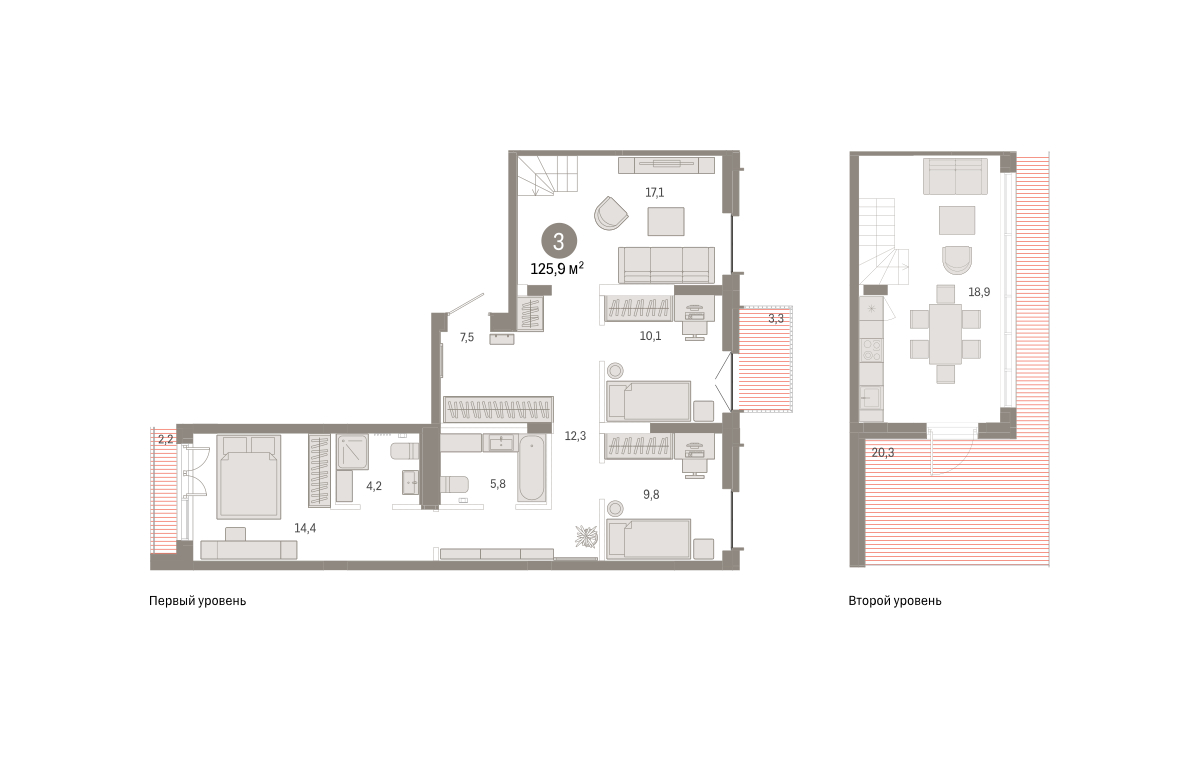 Планировка: 4-комнатная евро 125.9 м² в ЖК Республики 205, Центр: КПД