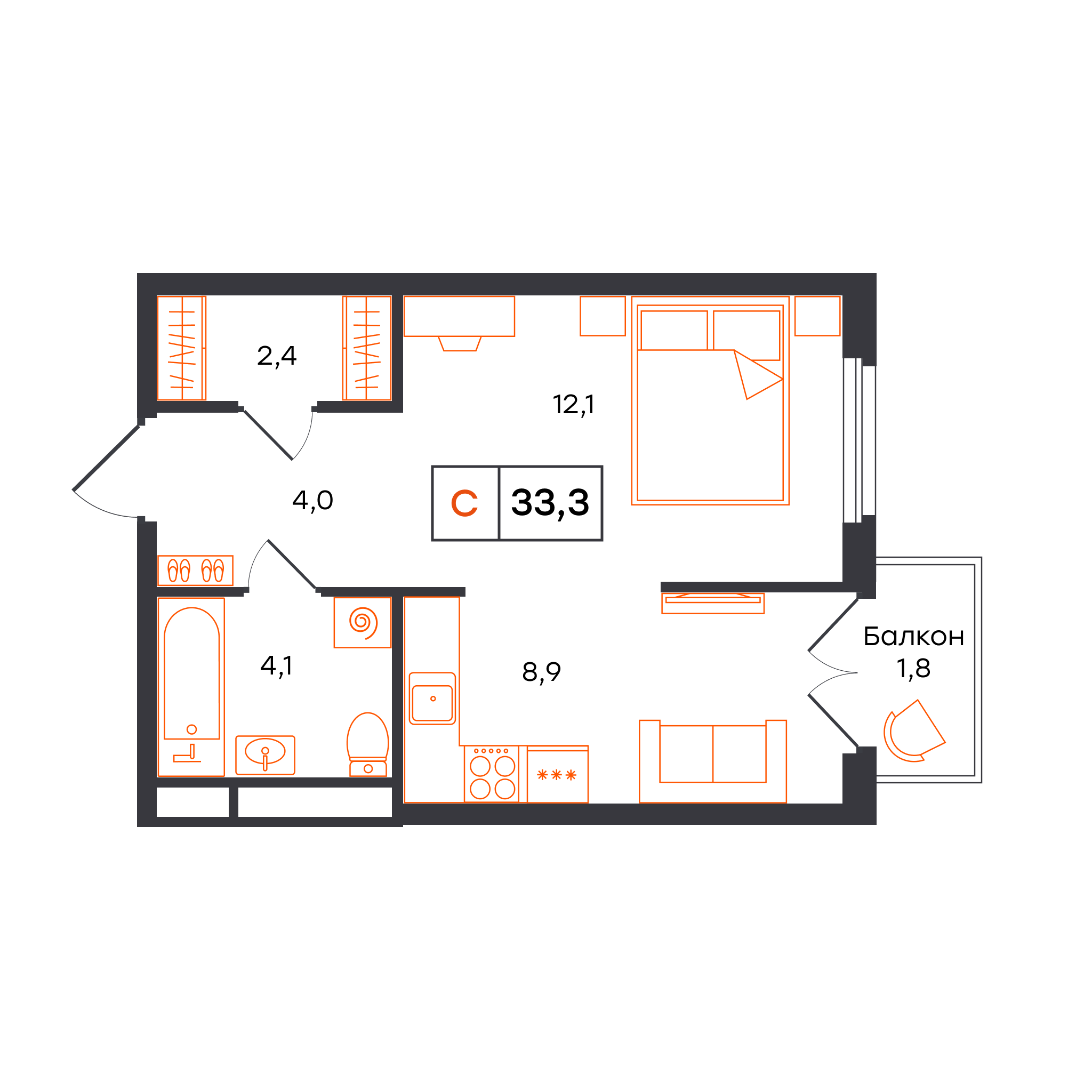 Планировка: Студия 33.3 м² в ЖК Отличие, Комарово Парк