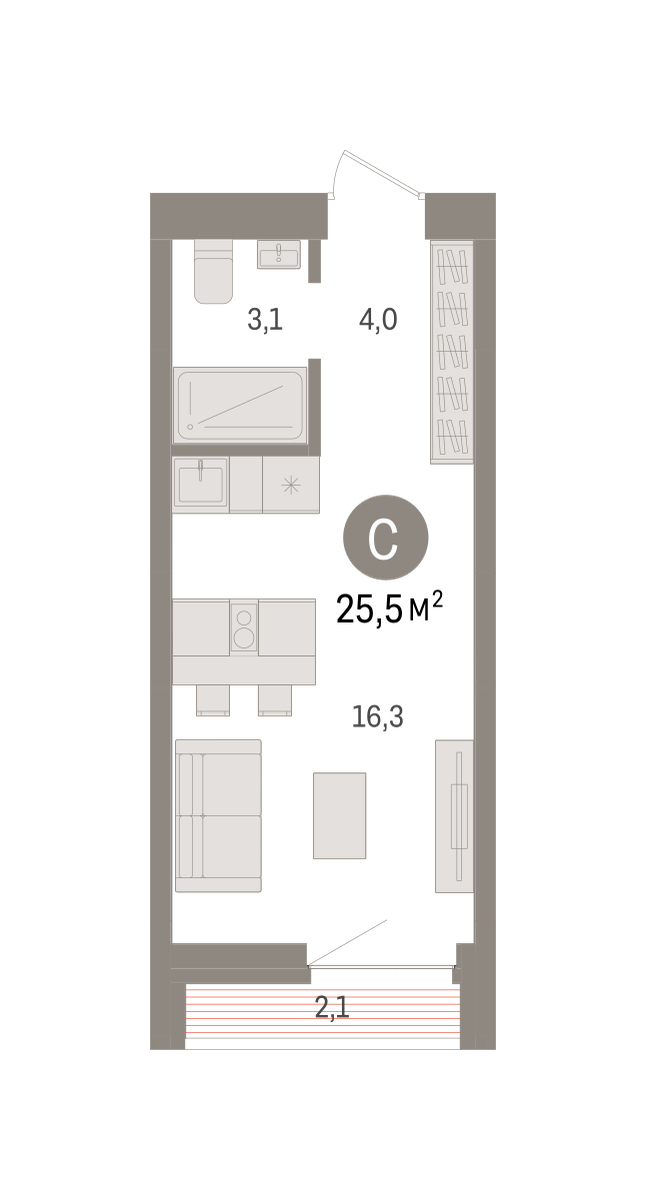 Планировка: Студия 25.5 м² в ЖК Речной порт, Центр: Дом печати