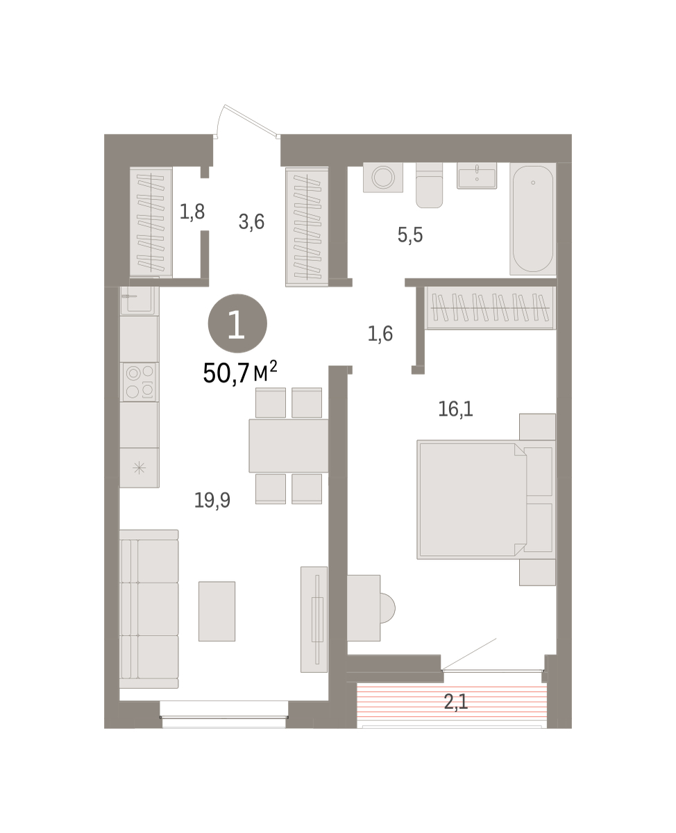 Планировка: Евродвушка 50.7 м² в ЖК Речной порт, Центр: Дом печати