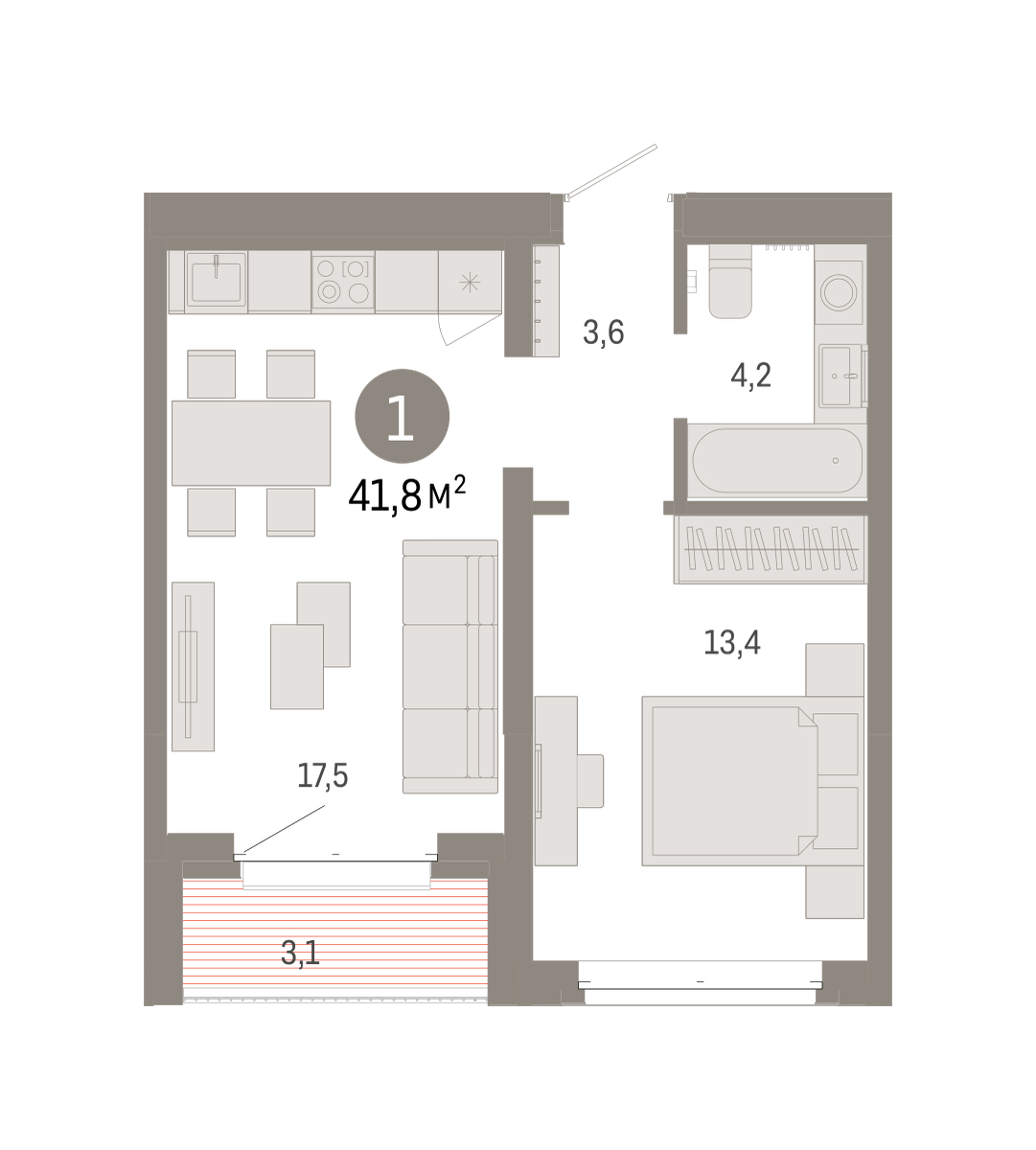 Планировка: Евродвушка 41.8 м² в ЖК На Минской, Центр: Драмтеатр