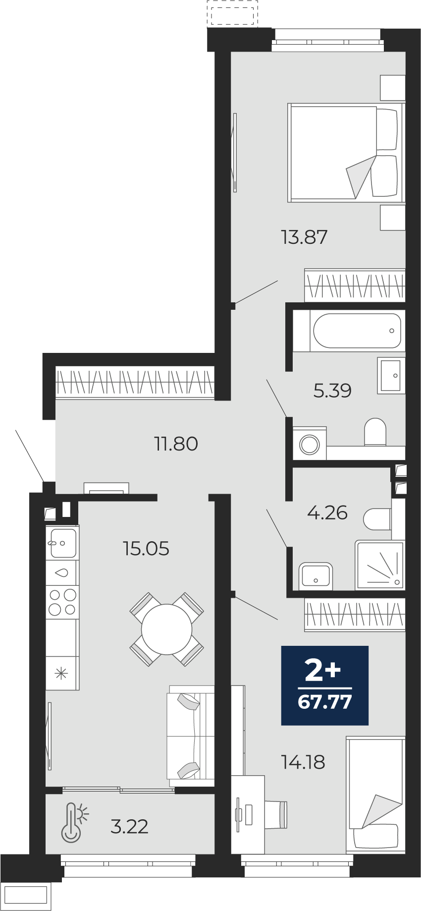 Планировка: Евротрешка 67.8 м² в ЖК Беринг, Лесобаза
