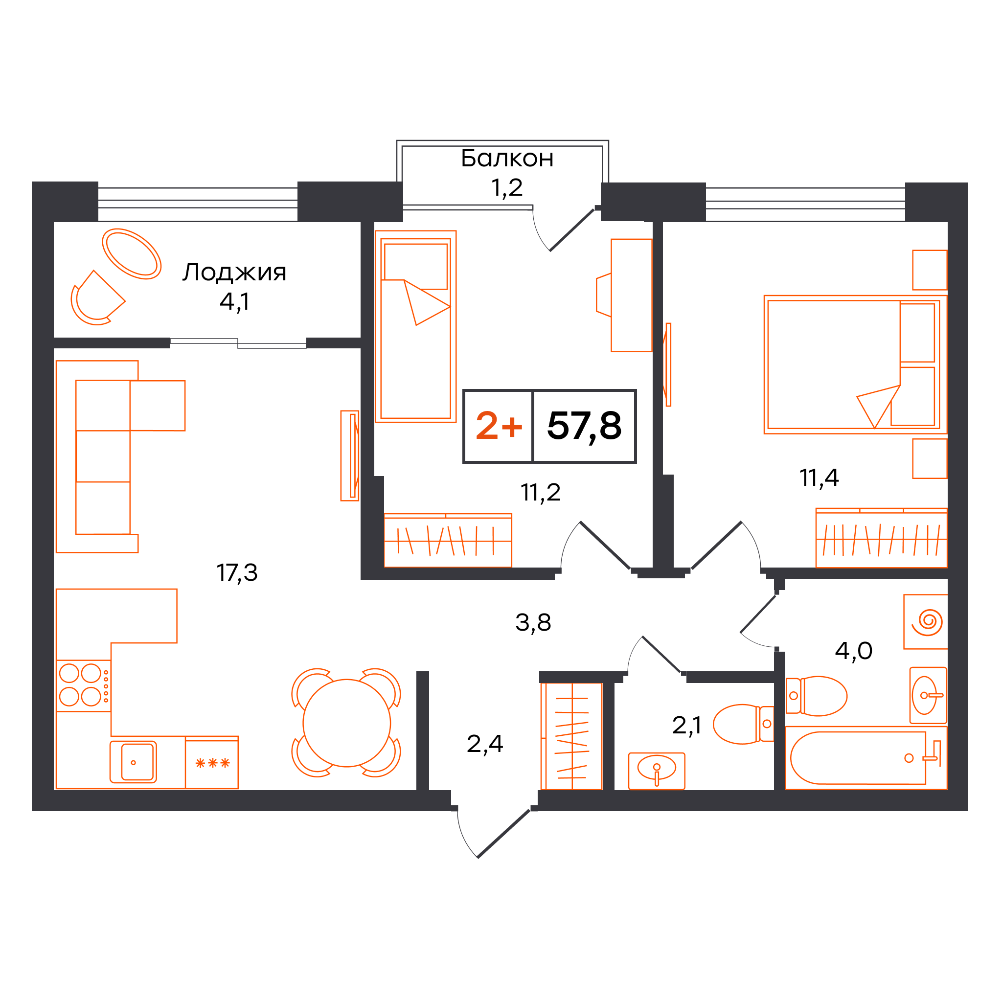 Планировка: Евротрешка 57.8 м² в ЖК Умный квартал UNO, Московский тракт