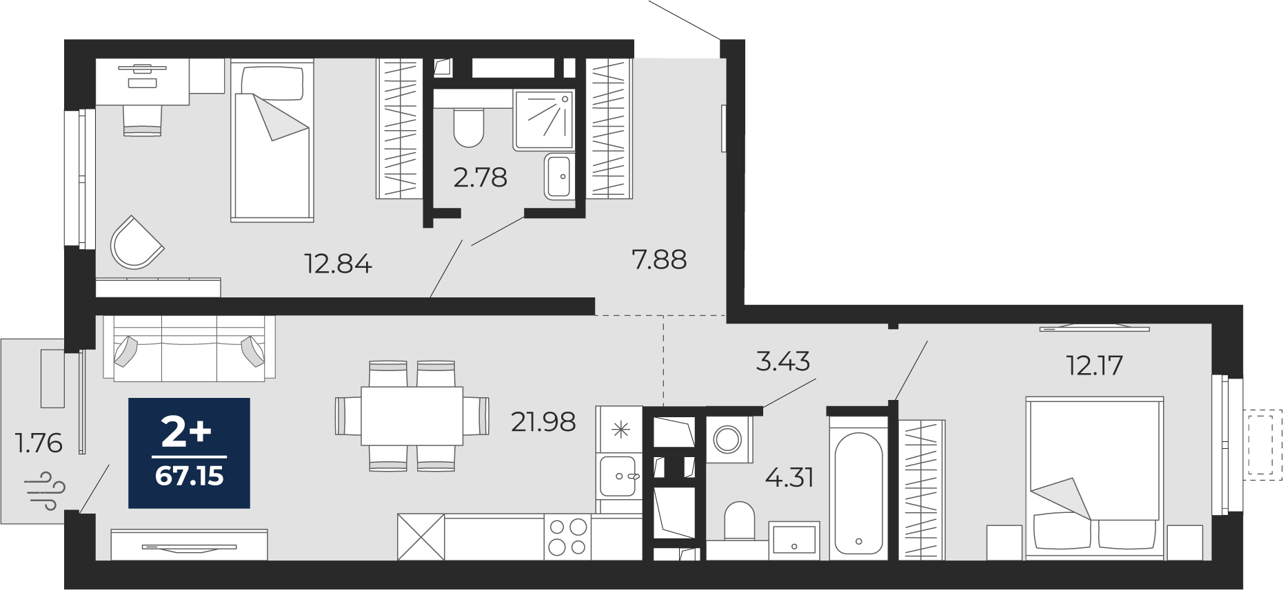 Планировка: Евротрешка 65.4 м² в ЖК Беринг, Лесобаза