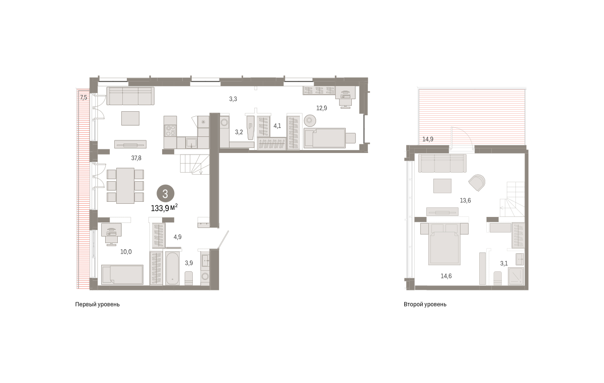 Планировка: 4-комнатная евро 133.9 м² в ЖК Республики 205, Центр: КПД