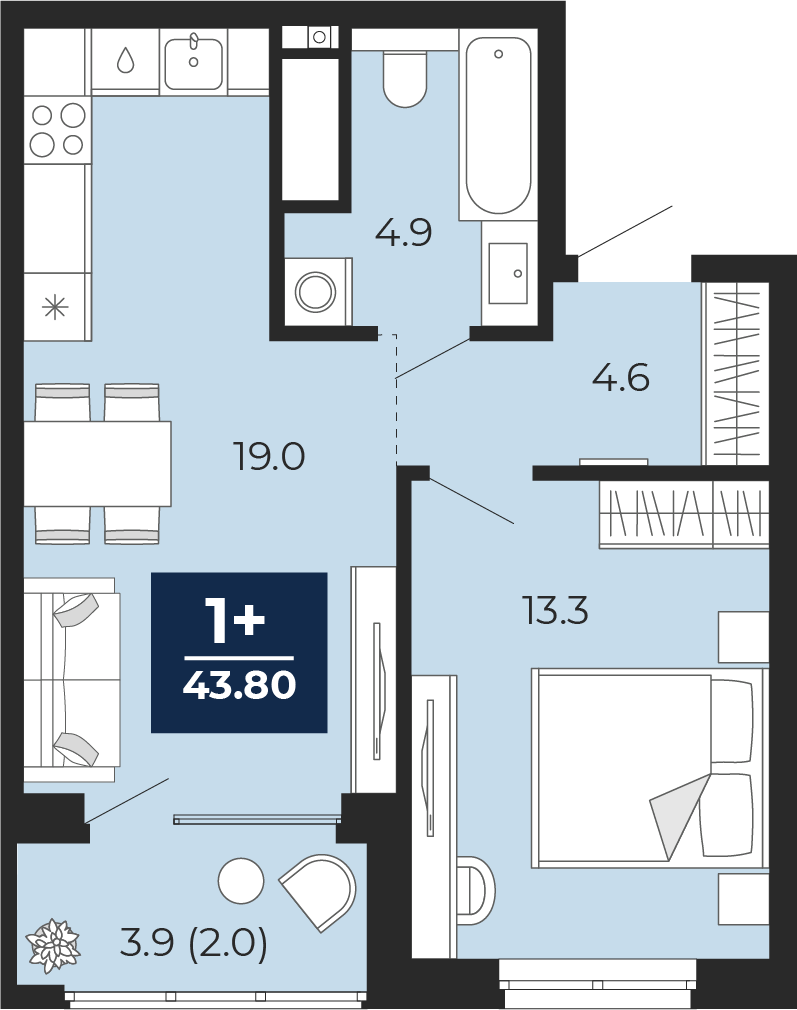 Планировка: Евродвушка 41.8 м² в ЖК Мириады, Мыс