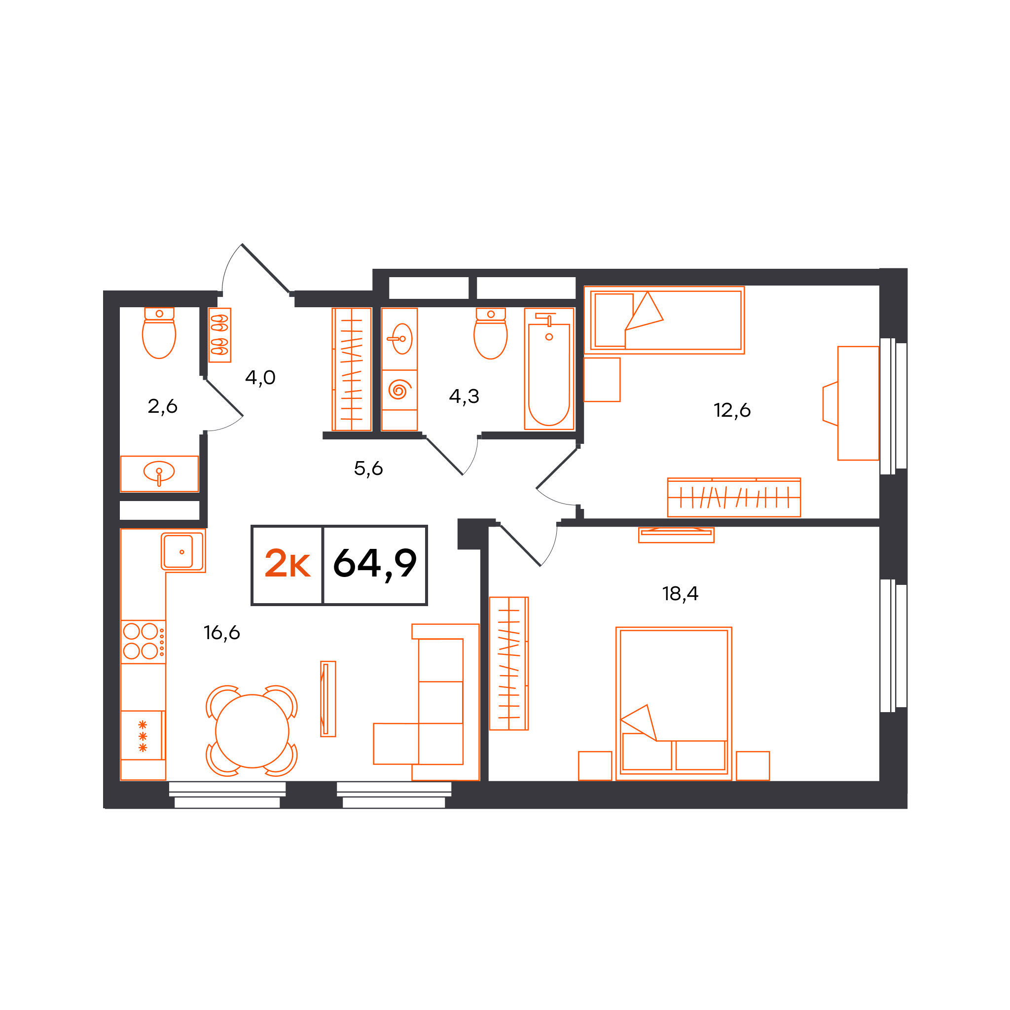 Планировка: Евротрешка 64.9 м² в ЖК Отличие, Комарово Парк