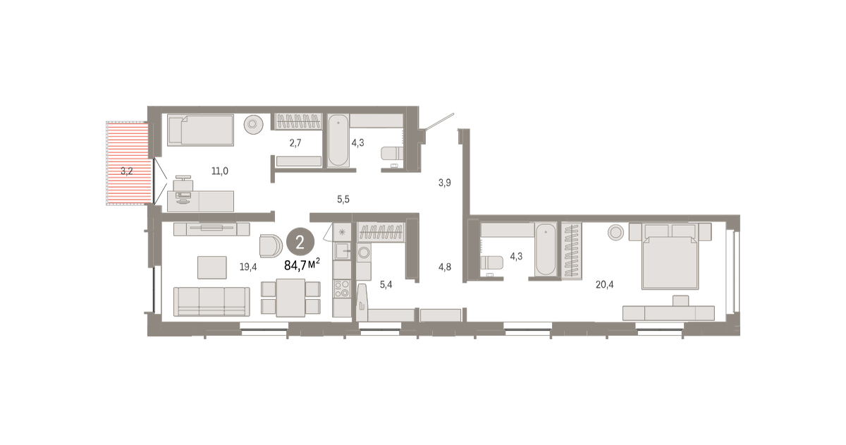 Планировка: Формат уточняется 84.7 м² в ЖК Республики 205, Центр: КПД
