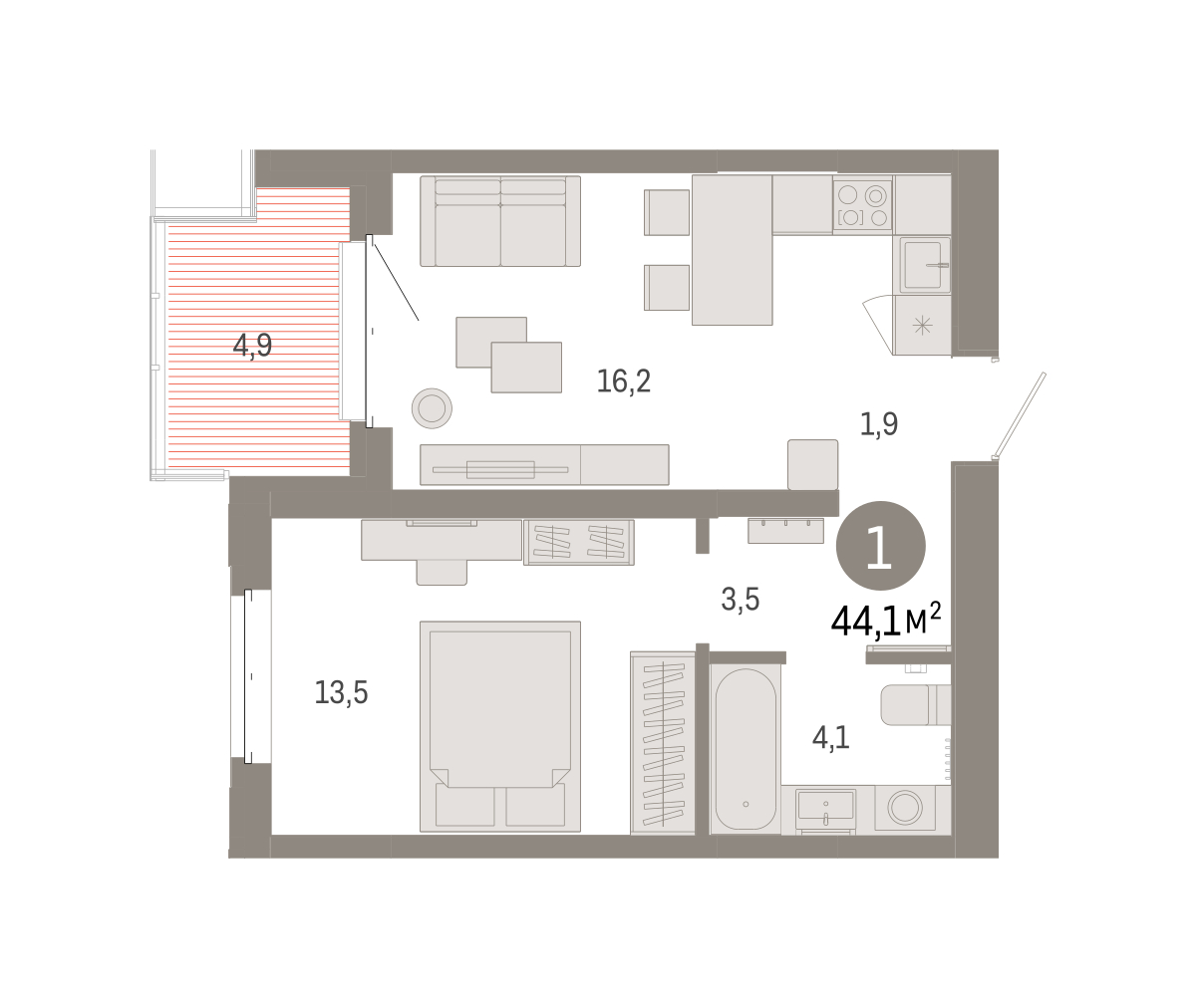 Планировка: Евродвушка 44 м² в ЖК На Минской, Центр: Драмтеатр