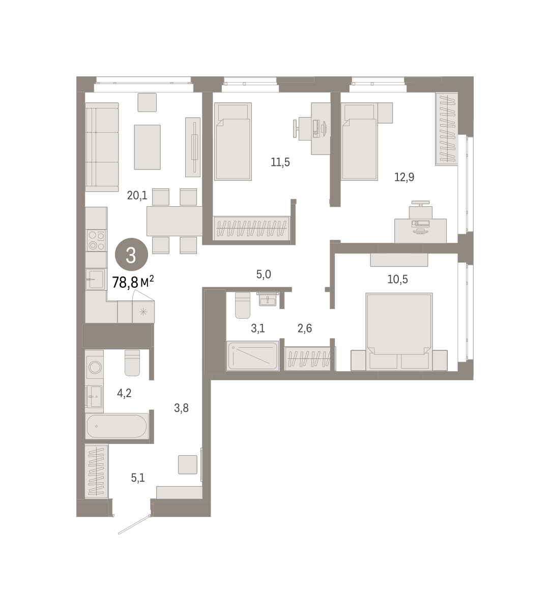 Планировка: 4-комнатная евро 78.8 м² в ЖК Республики 205, Центр: КПД
