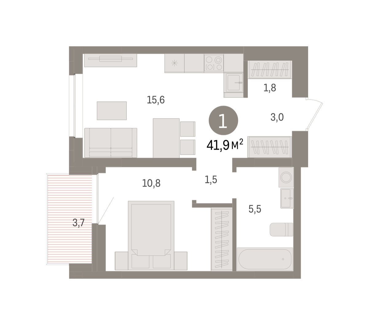 Планировка: Евродвушка 41.9 м² в ЖК Речной порт, Центр: Дом печати
