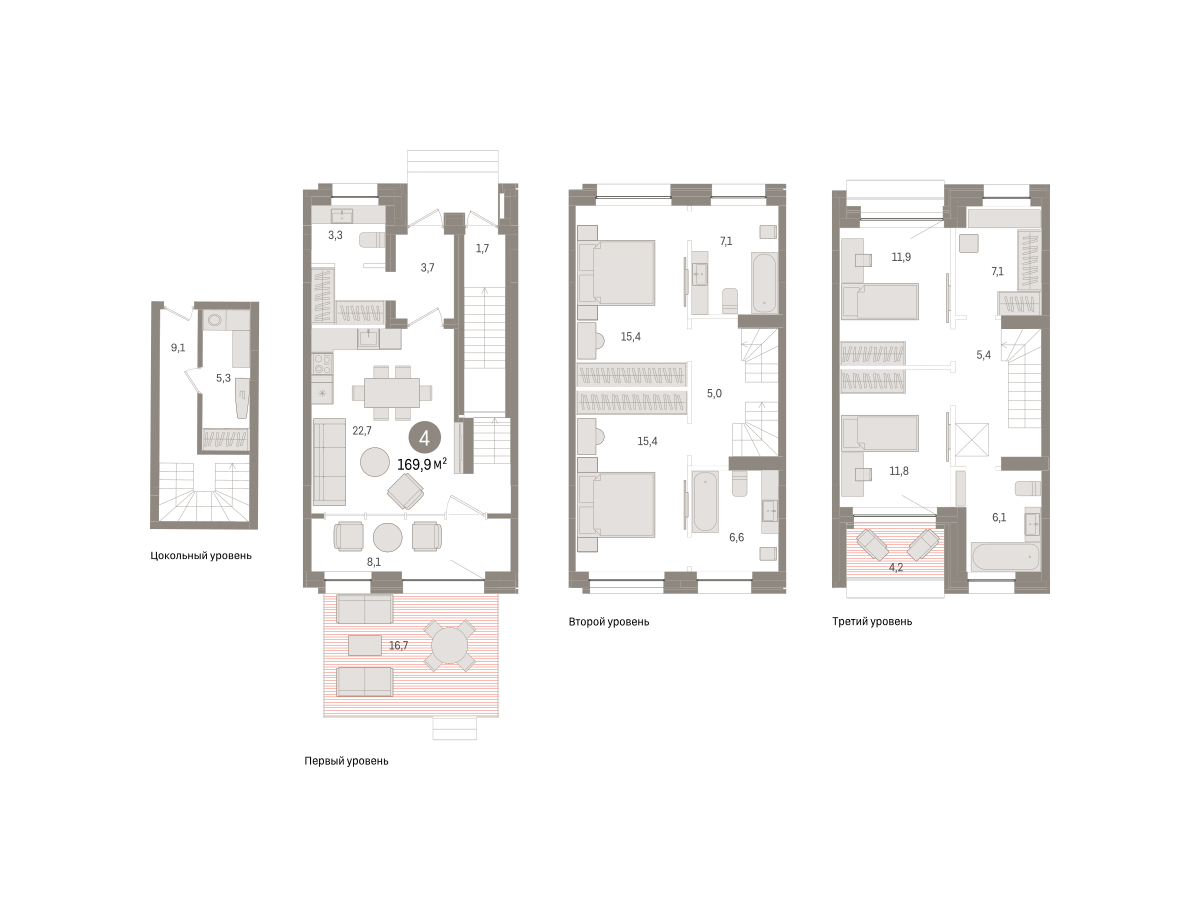 Планировка: 5-комнатная евро 169.9 м² в ЖК Дом у озера, Европейский