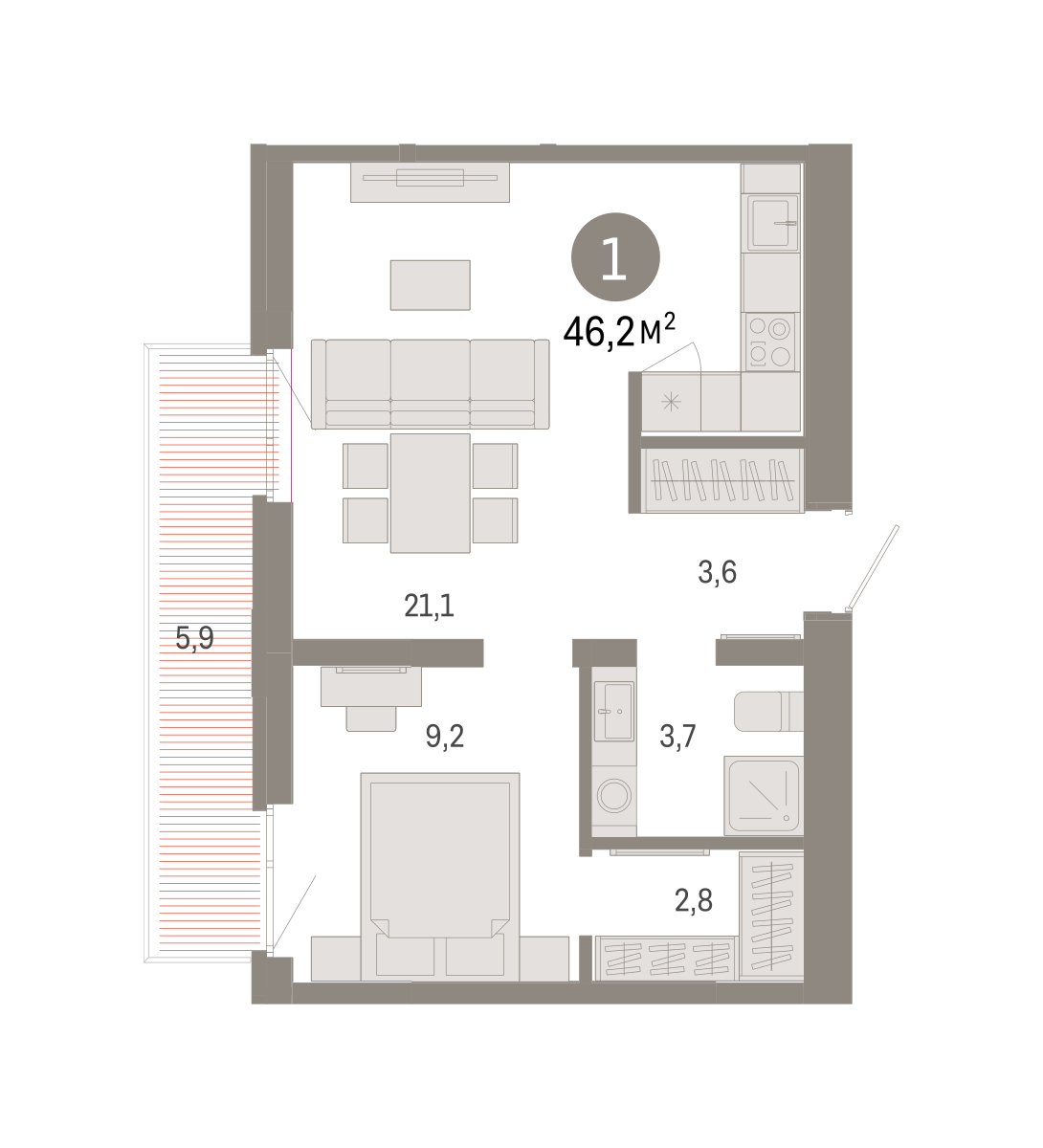 Планировка: Евродвушка 46.2 м² в ЖК Республики 205, Центр: КПД