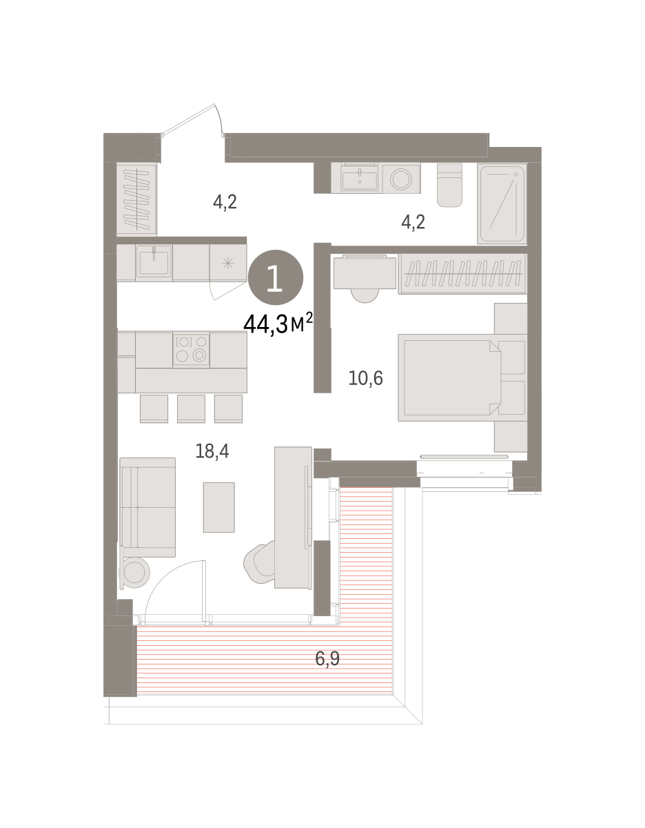 Планировка: Евродвушка 44.3 м² в ЖК На Минской, Центр: Драмтеатр