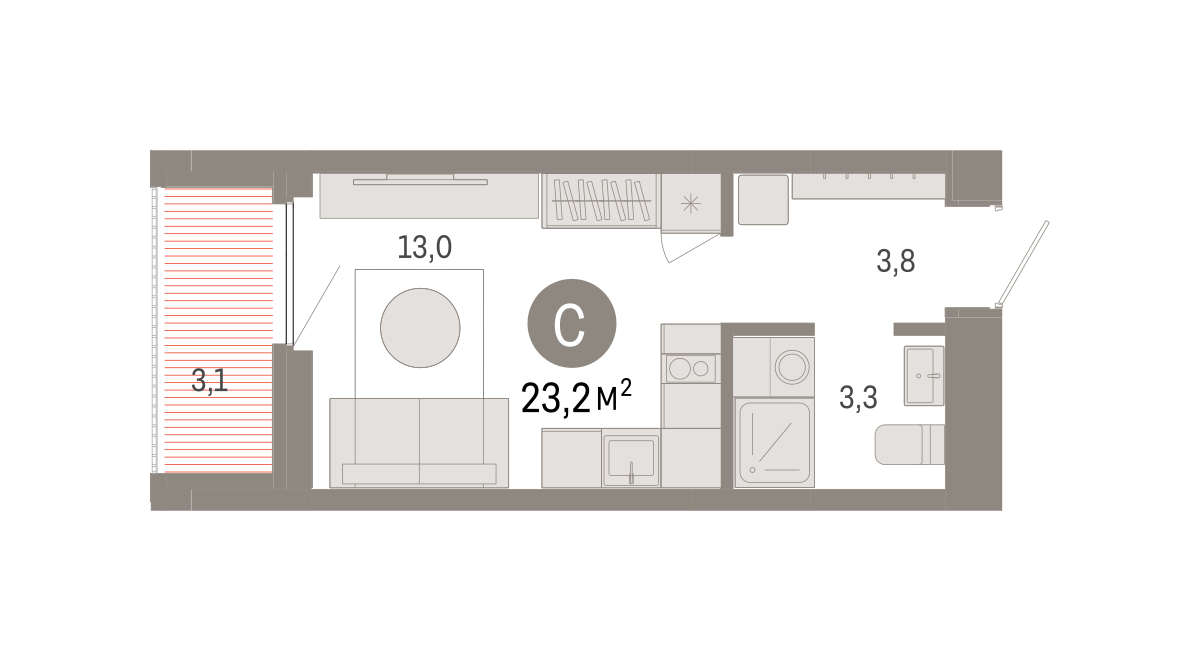 Планировка: Студия 23.1 м² в ЖК Зарека, Заречный