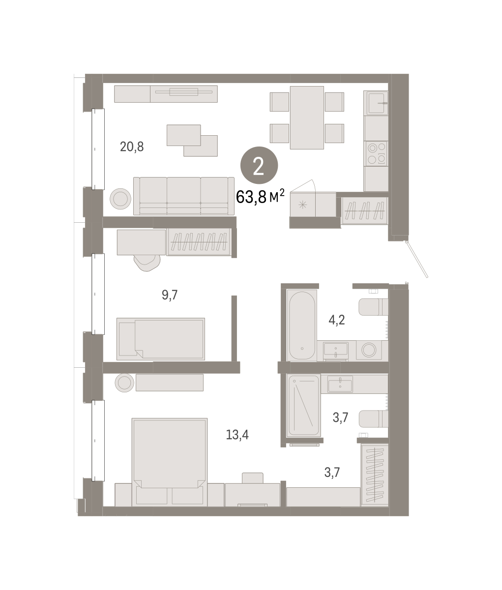 Планировка: Евротрешка 63.8 м² в ЖК На Минской, Центр: Драмтеатр