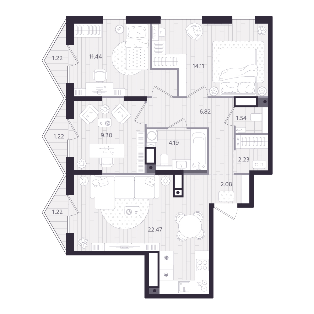 Планировка: 3-комнатная 75.3 м² в ЖК Форсо, Зарека