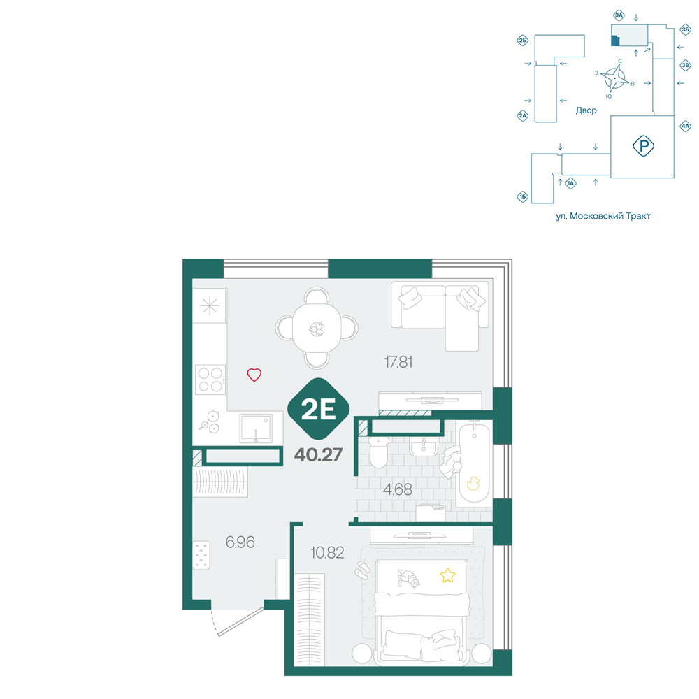 Планировка: Формат уточняется 40.3 м² в ЖК Сибирский, Московский тракт