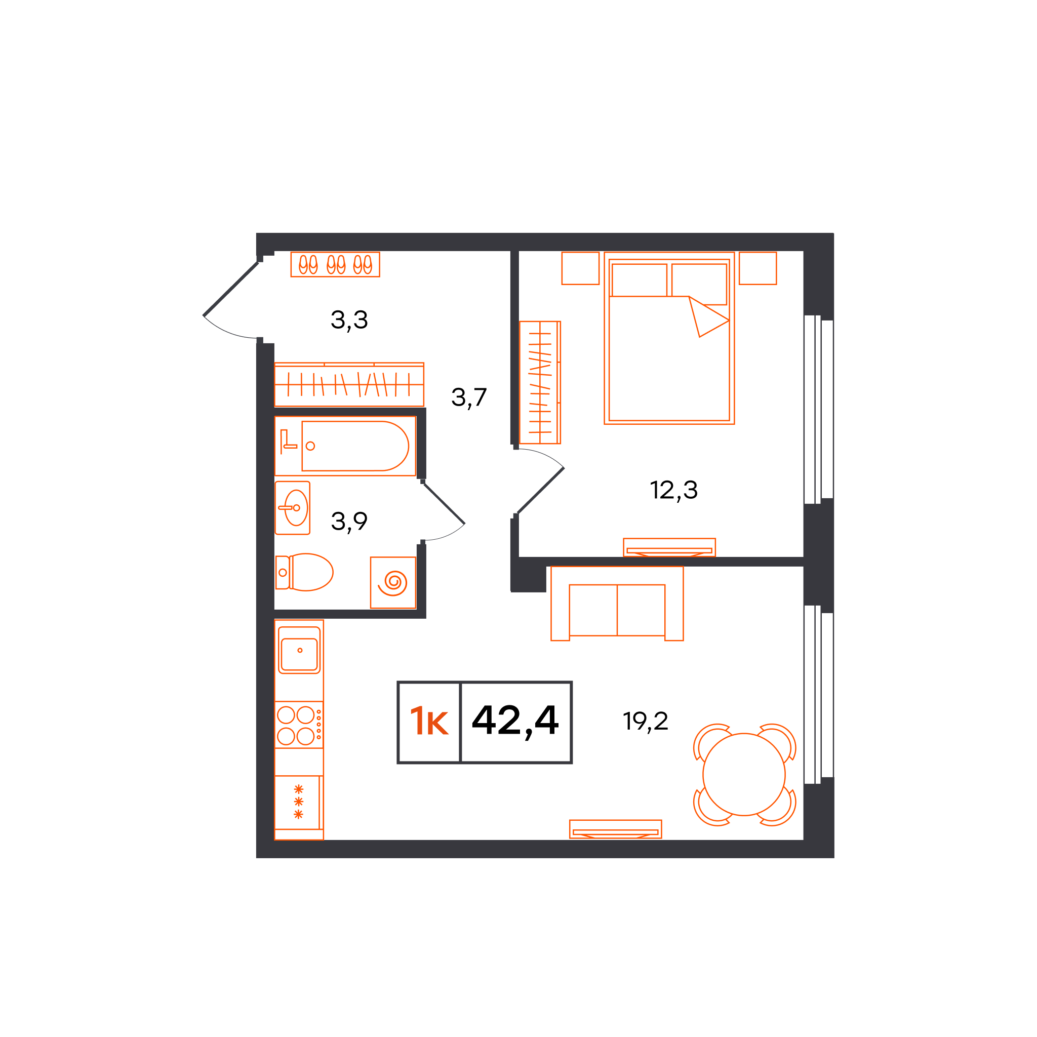 Планировка: Евродвушка 42.4 м² в ЖК Отличие, Комарово Парк