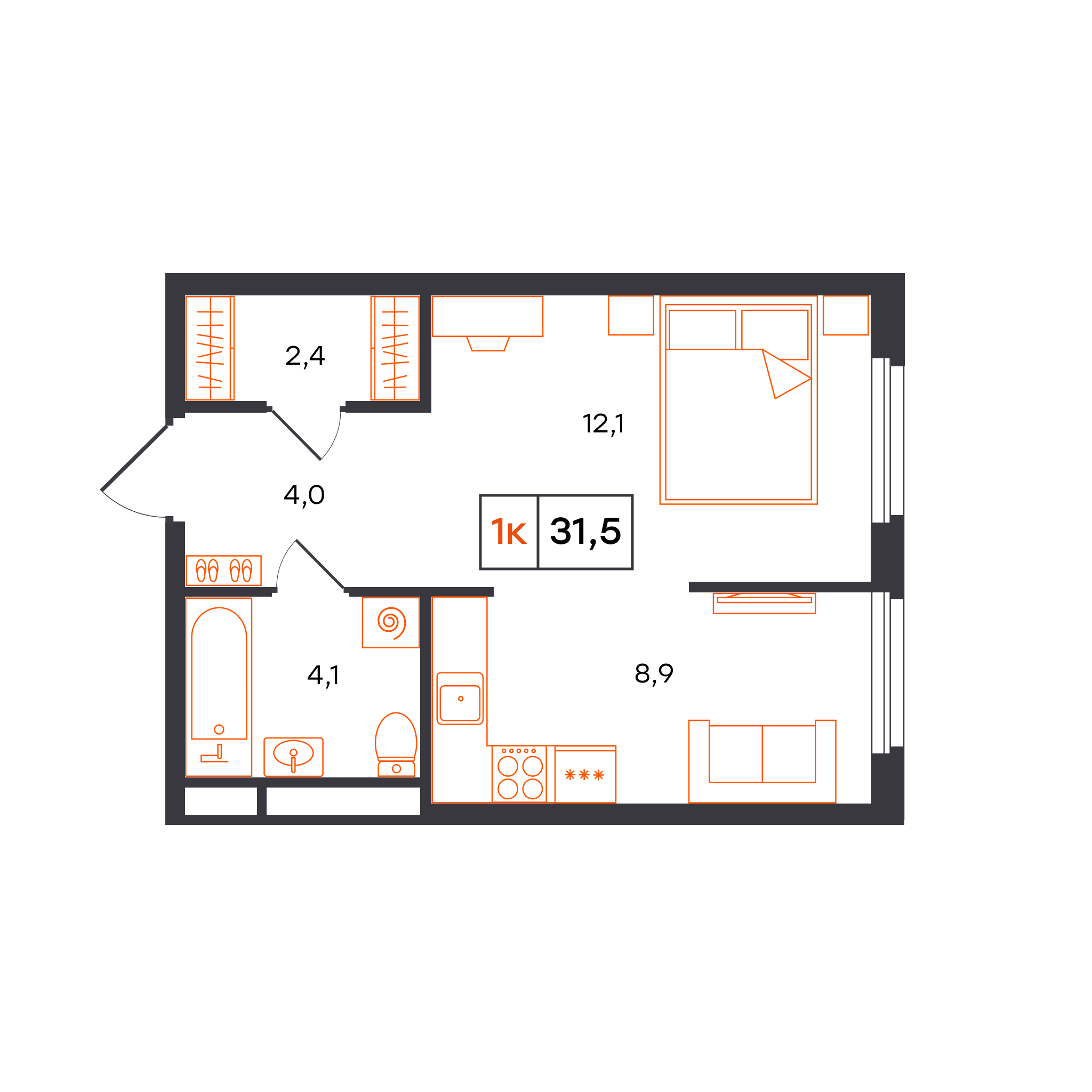 Планировка: Студия 31.5 м² в ЖК Отличие, Комарово Парк