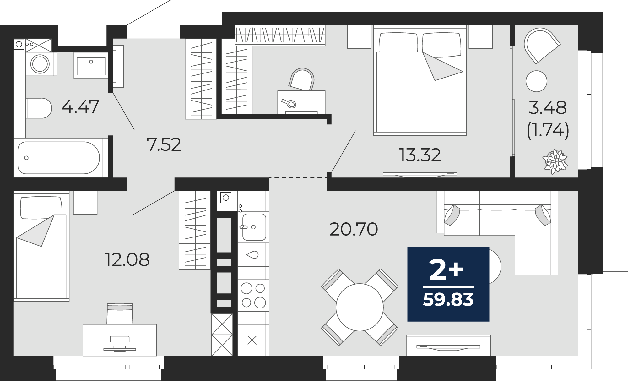 Планировка: Евротрешка 58.1 м² в ЖК Прео, Тюменская слобода
