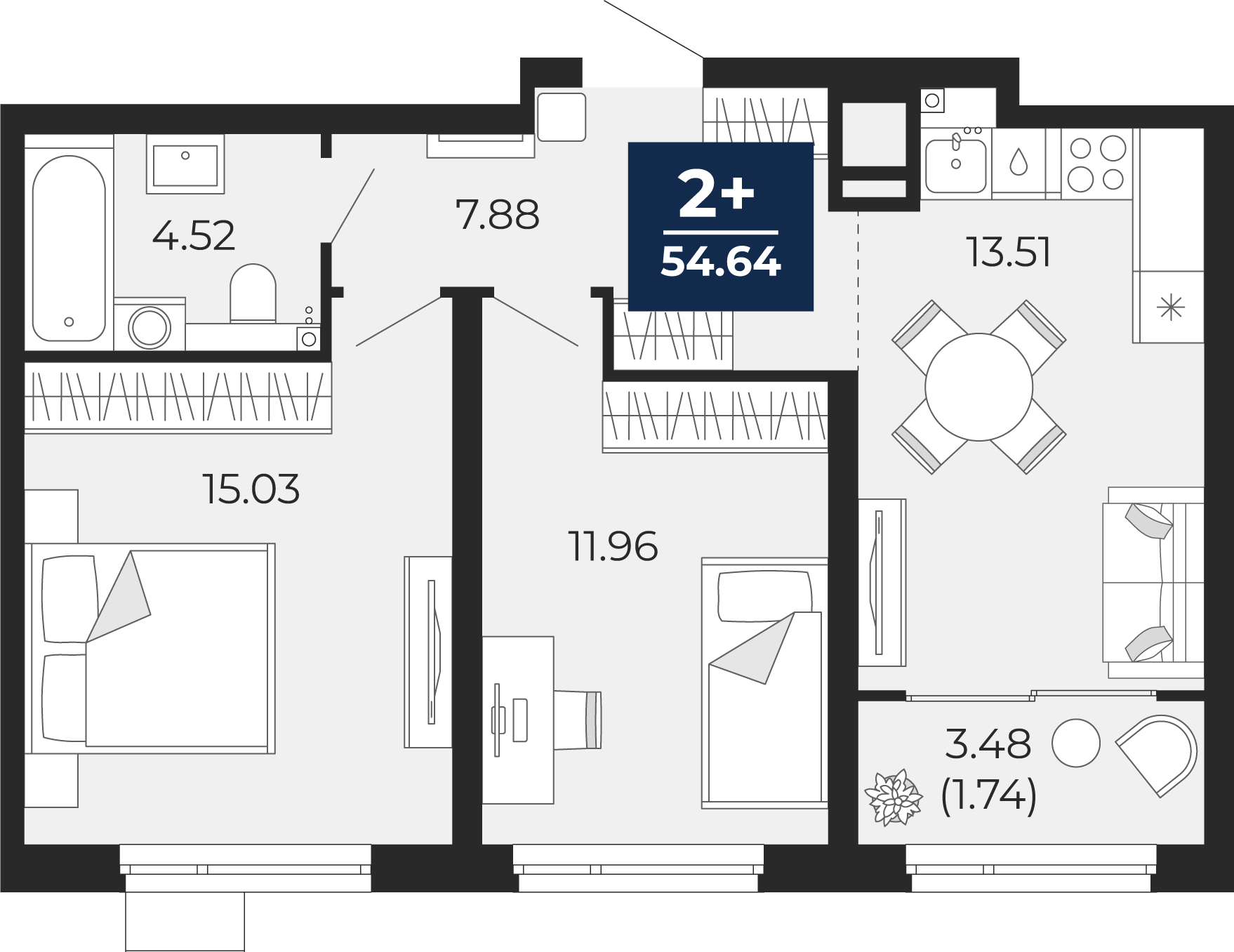 Планировка: Евротрешка 52.9 м² в ЖК Прео, Тюменская слобода