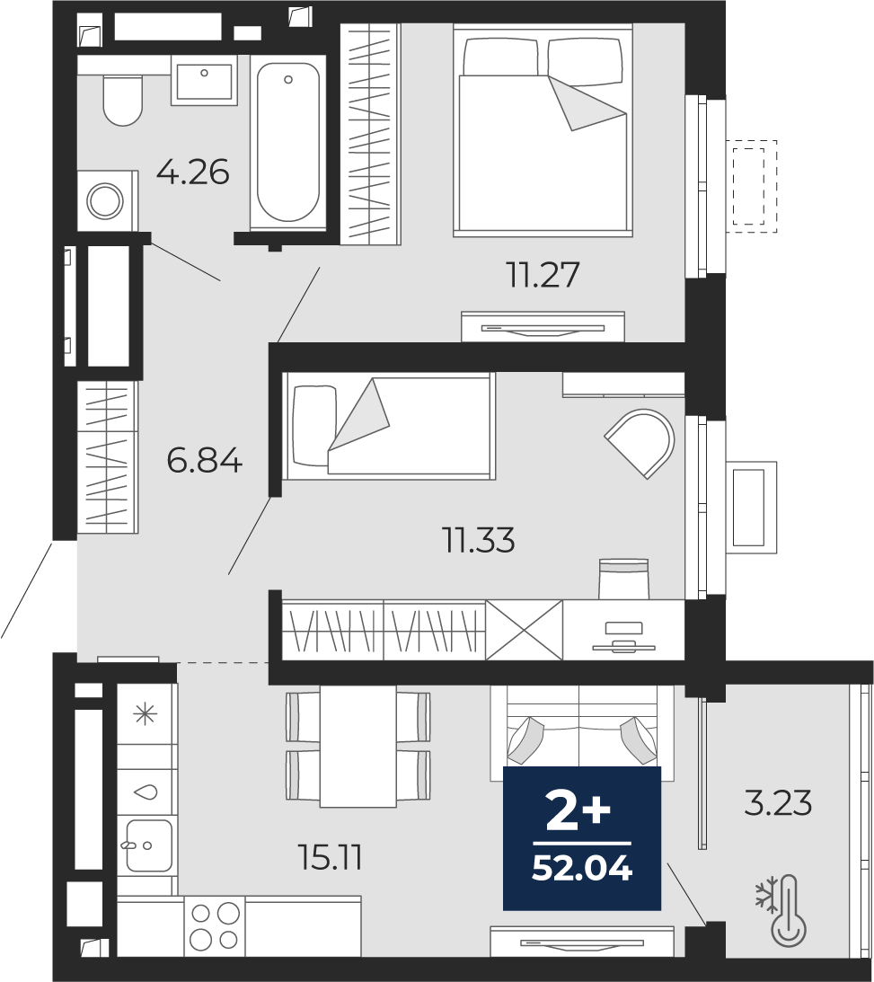 Планировка: Евротрешка 48.8 м² в ЖК Беринг, Лесобаза