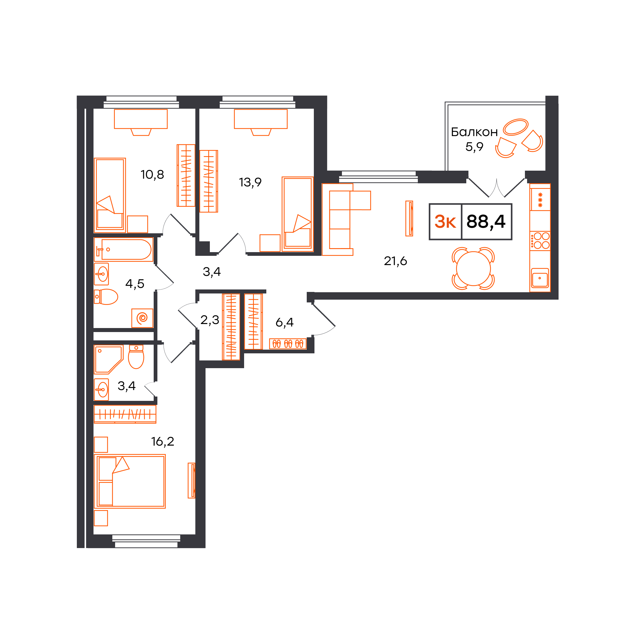 Планировка: 4-комнатная евро 88.4 м² в ЖК Отличие, Комарово Парк