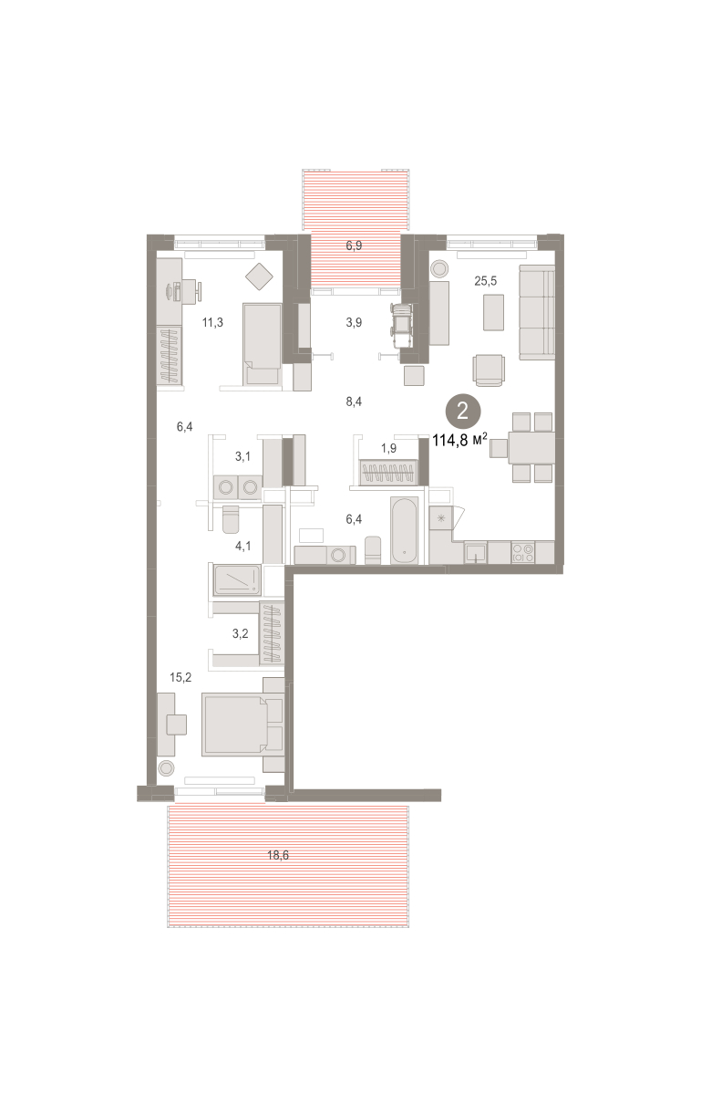 Планировка: Евротрешка 114.8 м² в ЖК Октябрьский на Туре, ДОК