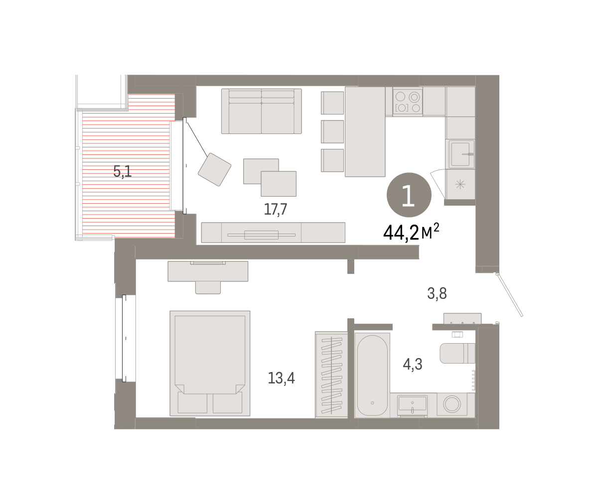 Планировка: Евродвушка 44.2 м² в ЖК На Минской, Центр: Драмтеатр