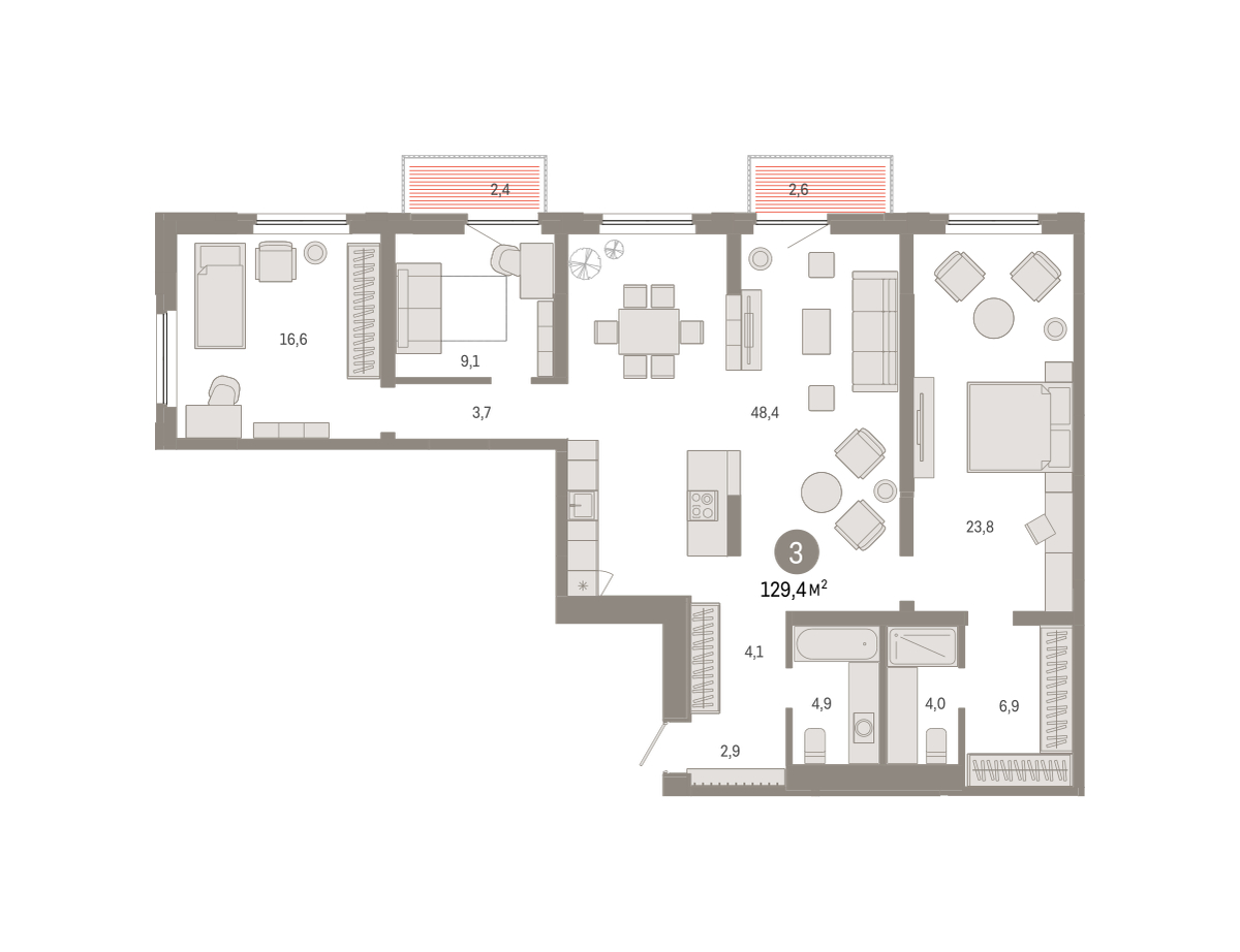 Планировка: 4-комнатная евро 129.4 м² в ЖК Зарека, Заречный