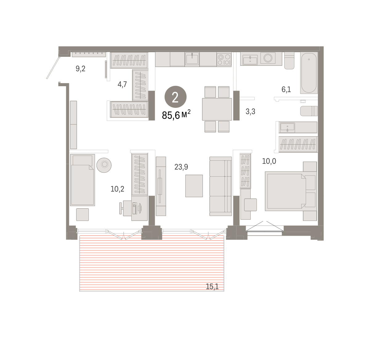 Планировка: Формат уточняется 85.6 м² в ЖК Республики 205, Центр: КПД