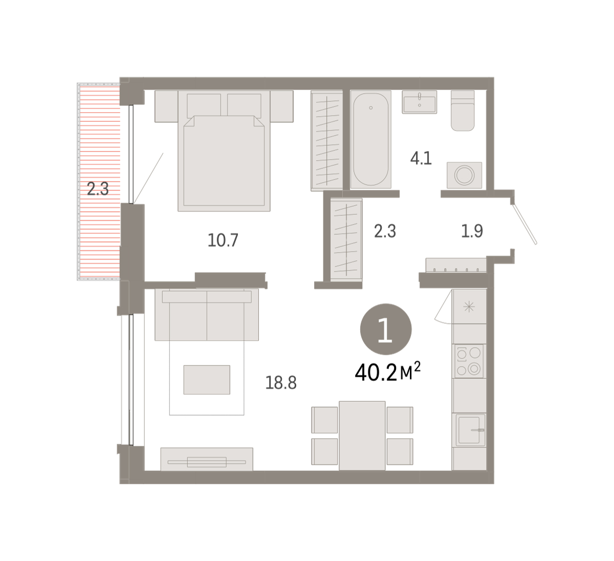 Планировка: Евродвушка 40.2 м² в ЖК Октябрьский на Туре, ДОК