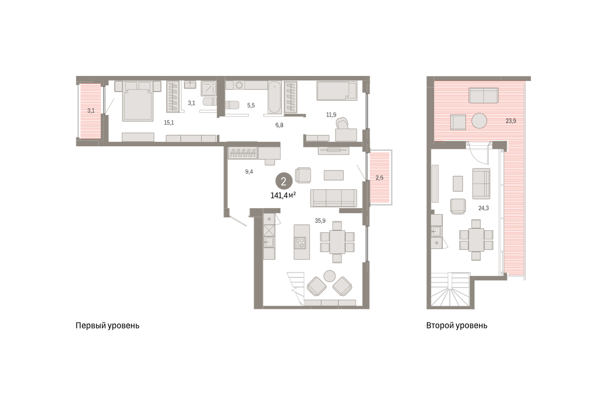 Планировка: 4-комнатная евро 141.4 м² в ЖК Зарека, Заречный