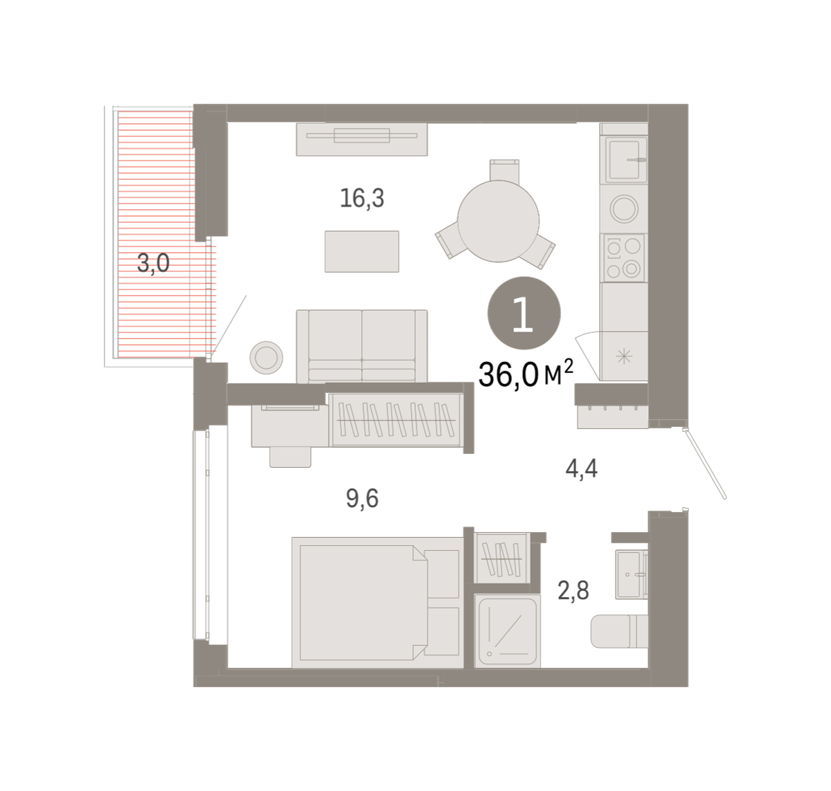 Планировка: Евродвушка 36 м² в ЖК Республики 205, Центр: КПД