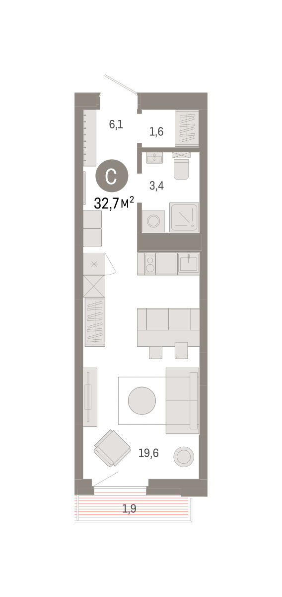 Планировка: Студия 32.7 м² в ЖК Зарека, Заречный