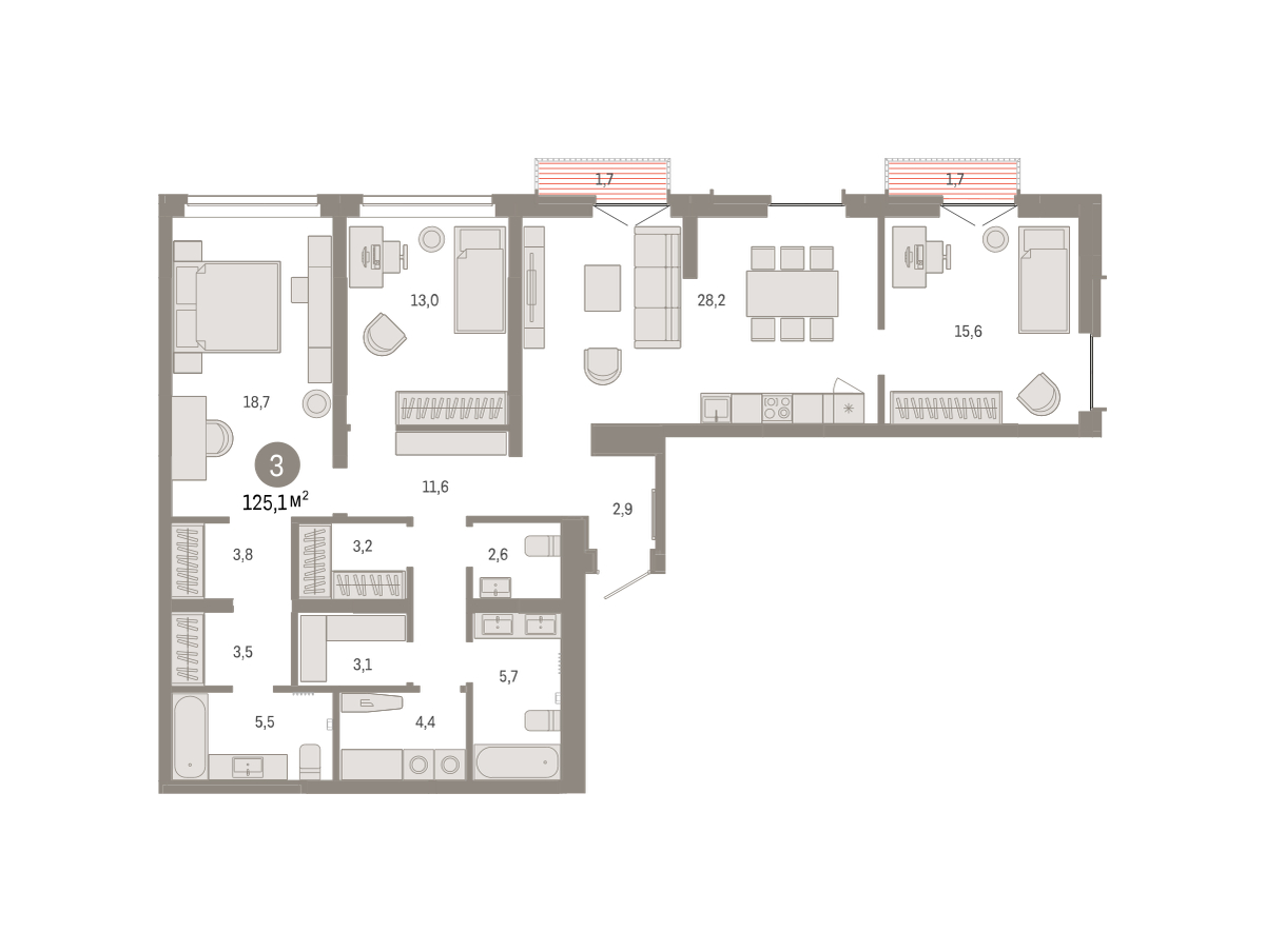 Планировка: 4-комнатная евро 125.1 м² в ЖК Республики 205, Центр: КПД