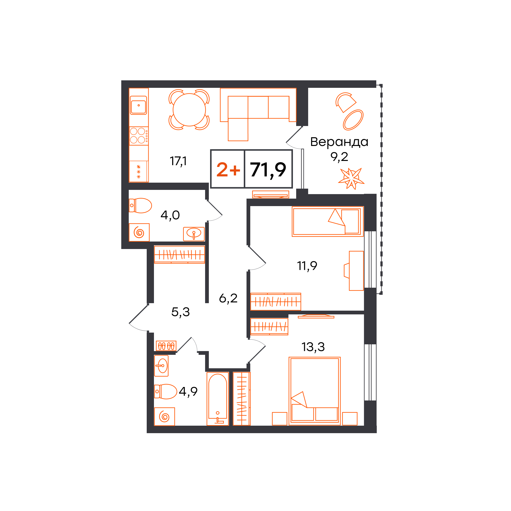 Планировка: Евротрешка 71.9 м² в ЖК Чемпионский, Чемпионский