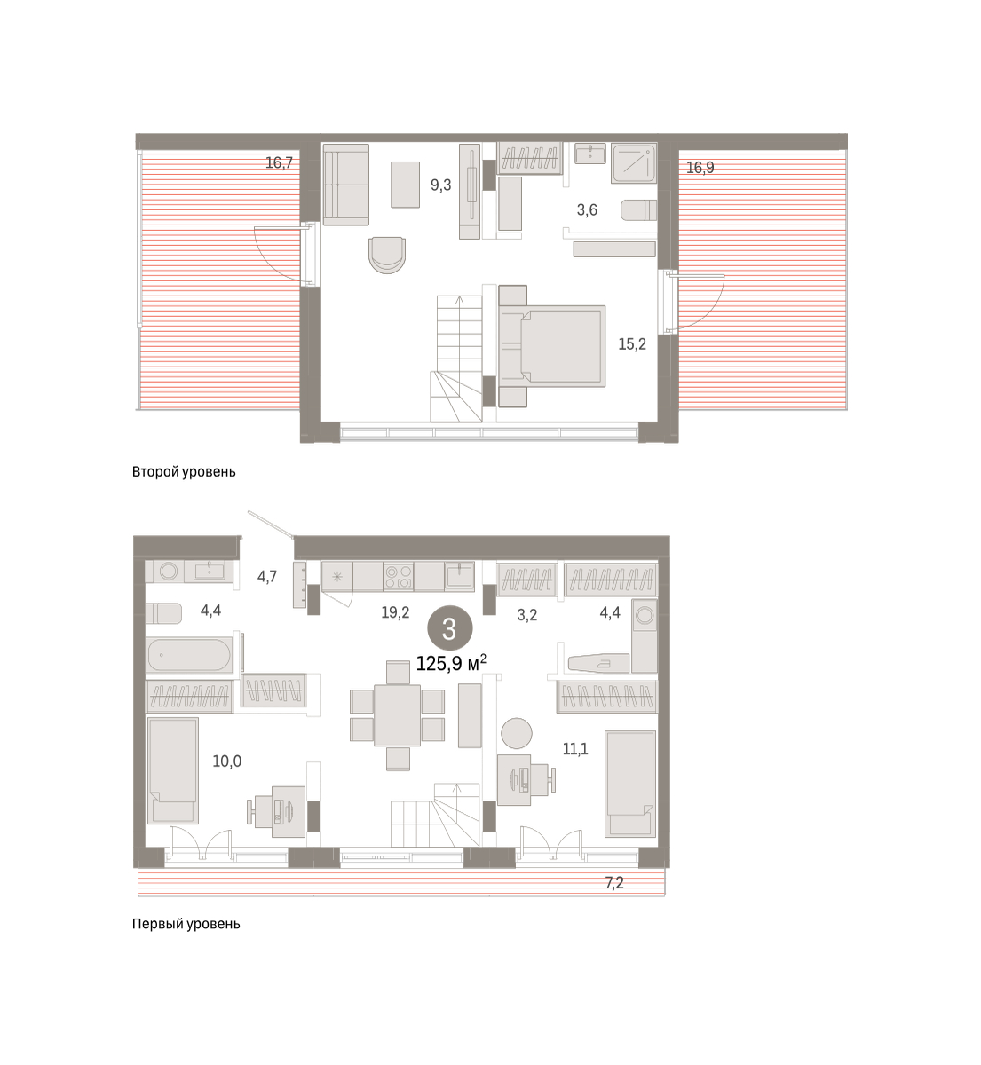 Планировка: 4-комнатная евро 125.9 м² в ЖК Республики 205, Центр: КПД