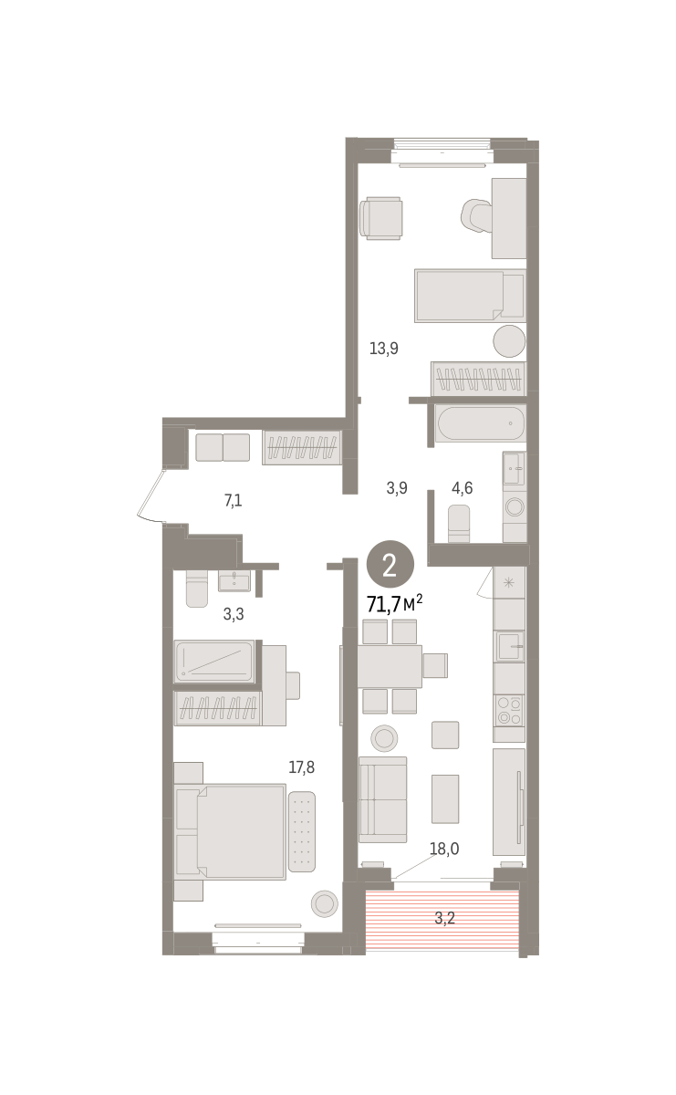 Планировка: Евротрешка 71.7 м² в ЖК На Минской, Центр: Драмтеатр