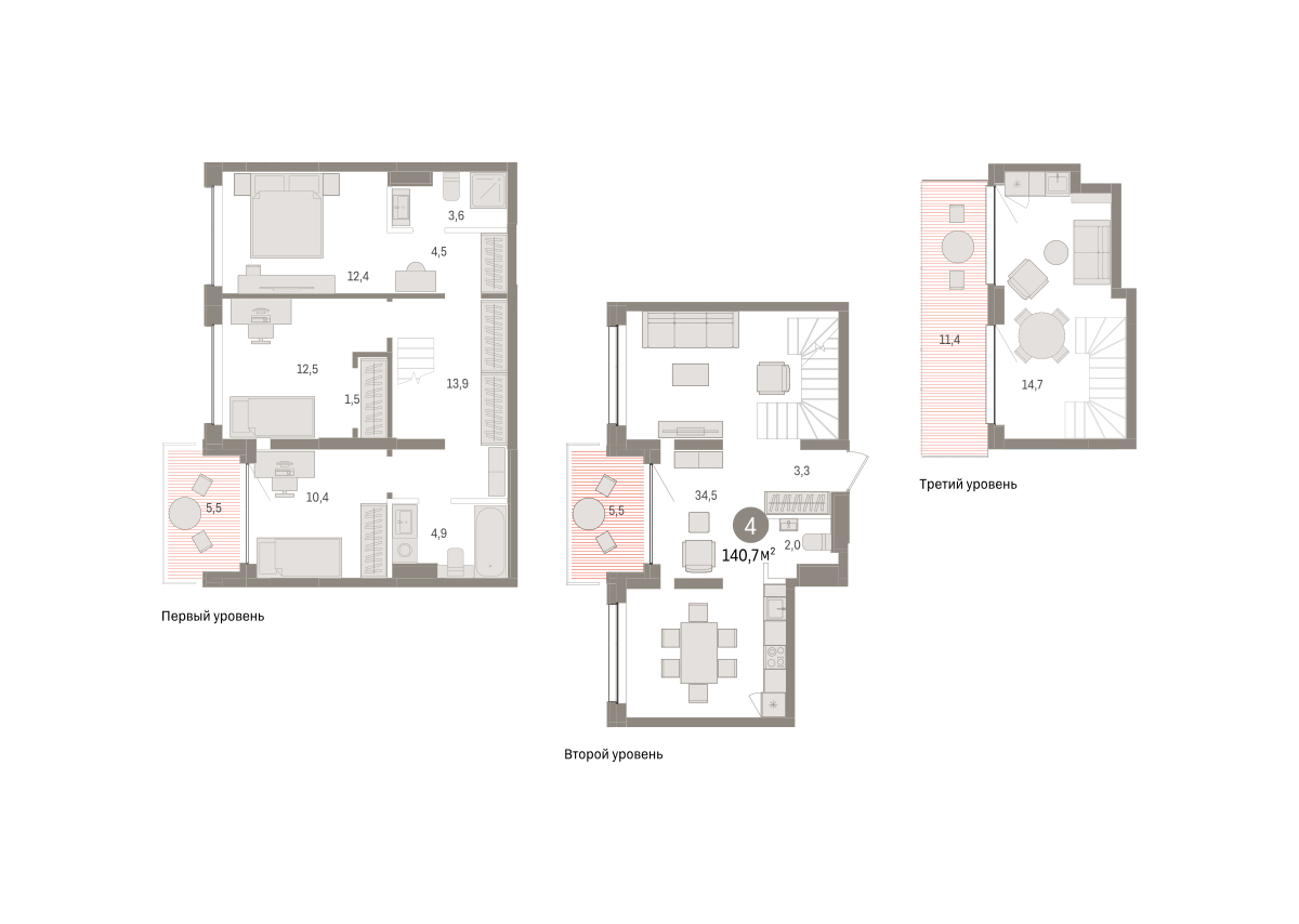 Планировка: 5-комнатная евро 140.7 м² в ЖК Дом у озера, Европейский