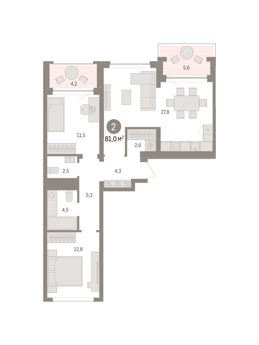 Планировка: Евротрешка 81.7 м² в ЖК Дом у озера, Европейский