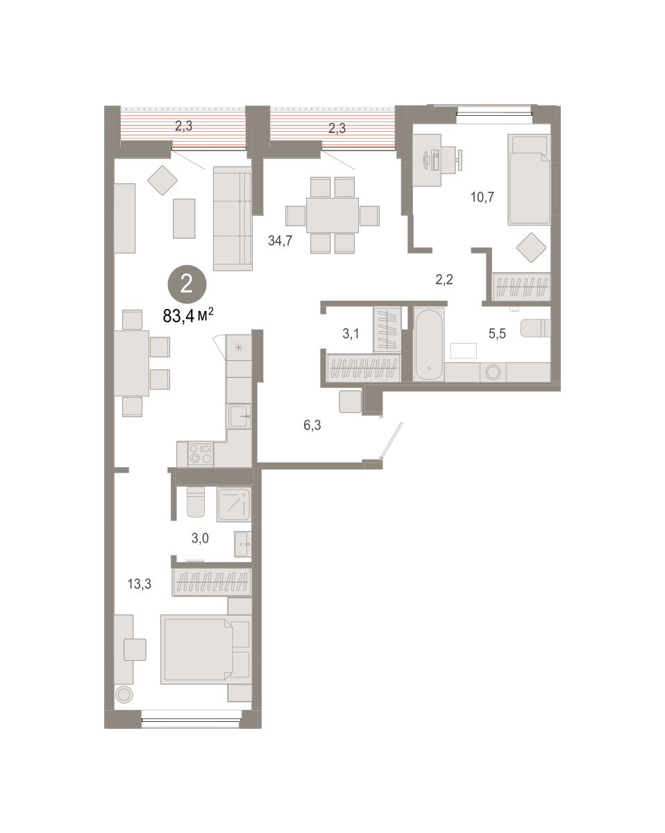 Планировка: Евротрешка 83.4 м² в ЖК Октябрьский на Туре, ДОК