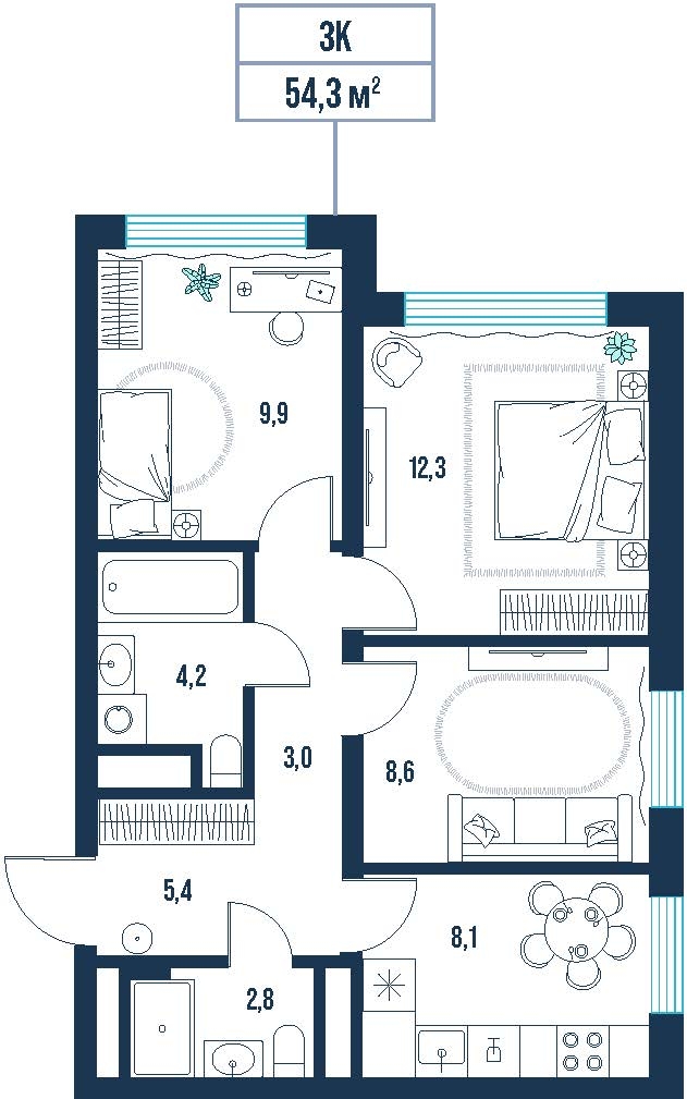Планировка: Формат уточняется 54.3 м² в ЖК AIRIS, Комарово Парк