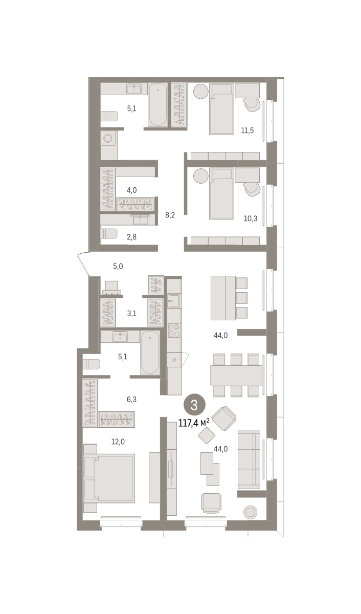 Планировка: 4-комнатная евро 117.3 м² в ЖК На Минской, Центр: Драмтеатр